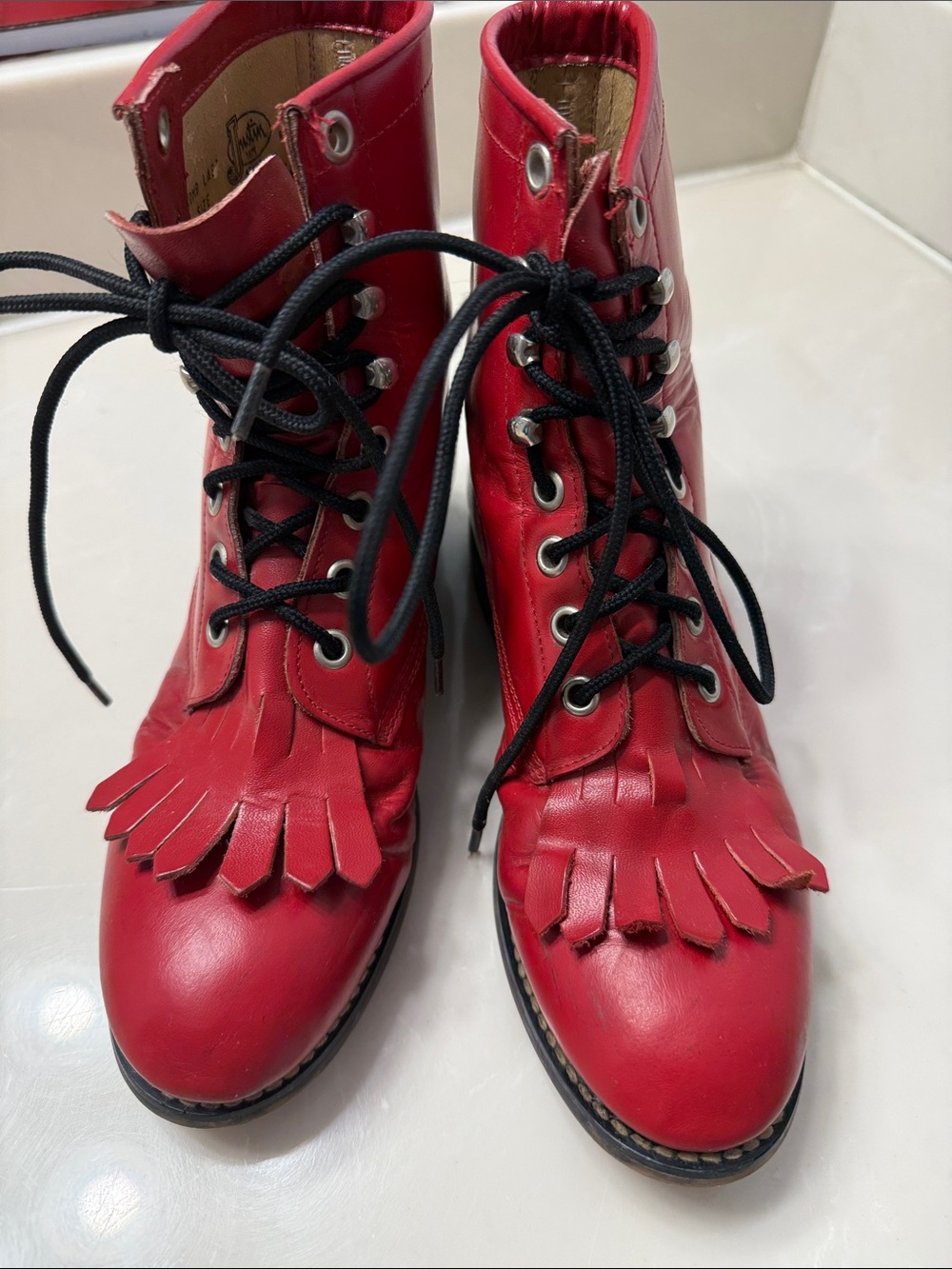 Vintage Justin Boots Red Fringe Lace-Up Kids Ankle Boots 503Y